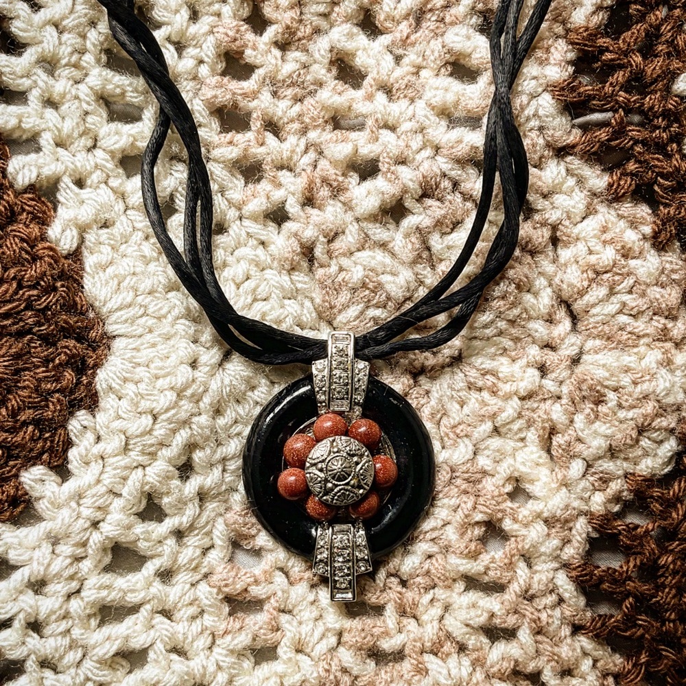 Upcycled Goldstone Elegant Black and Silver Pendant Necklace
